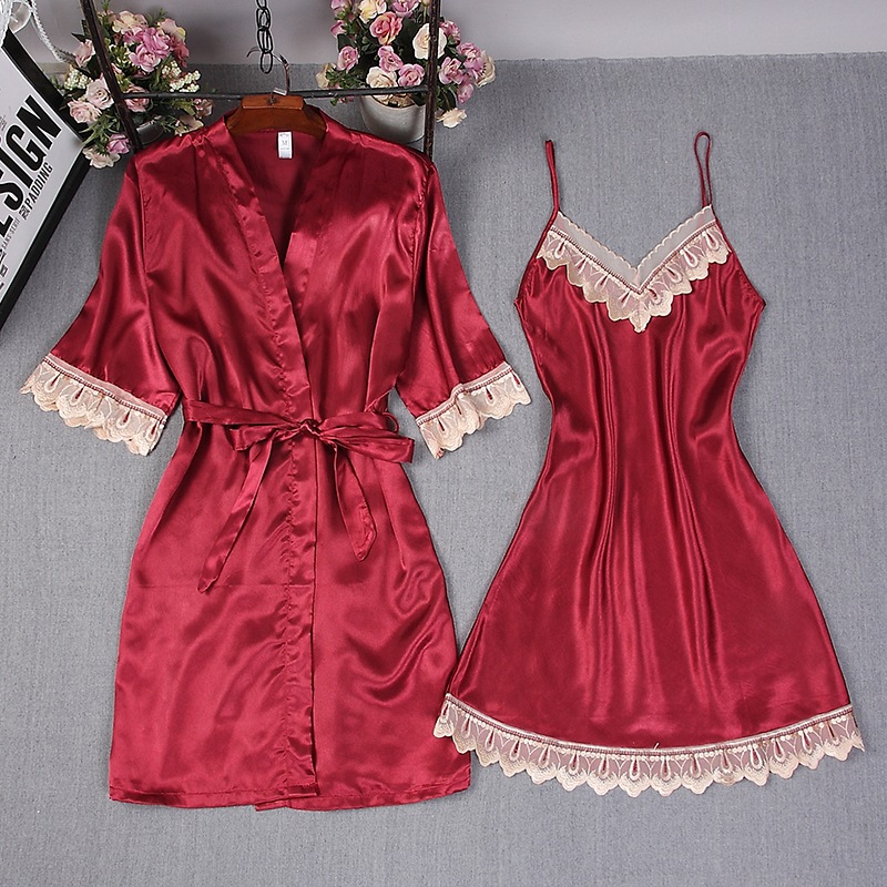 Lace Trim Cami - Jubah Satin Wanita Warna Murni Set