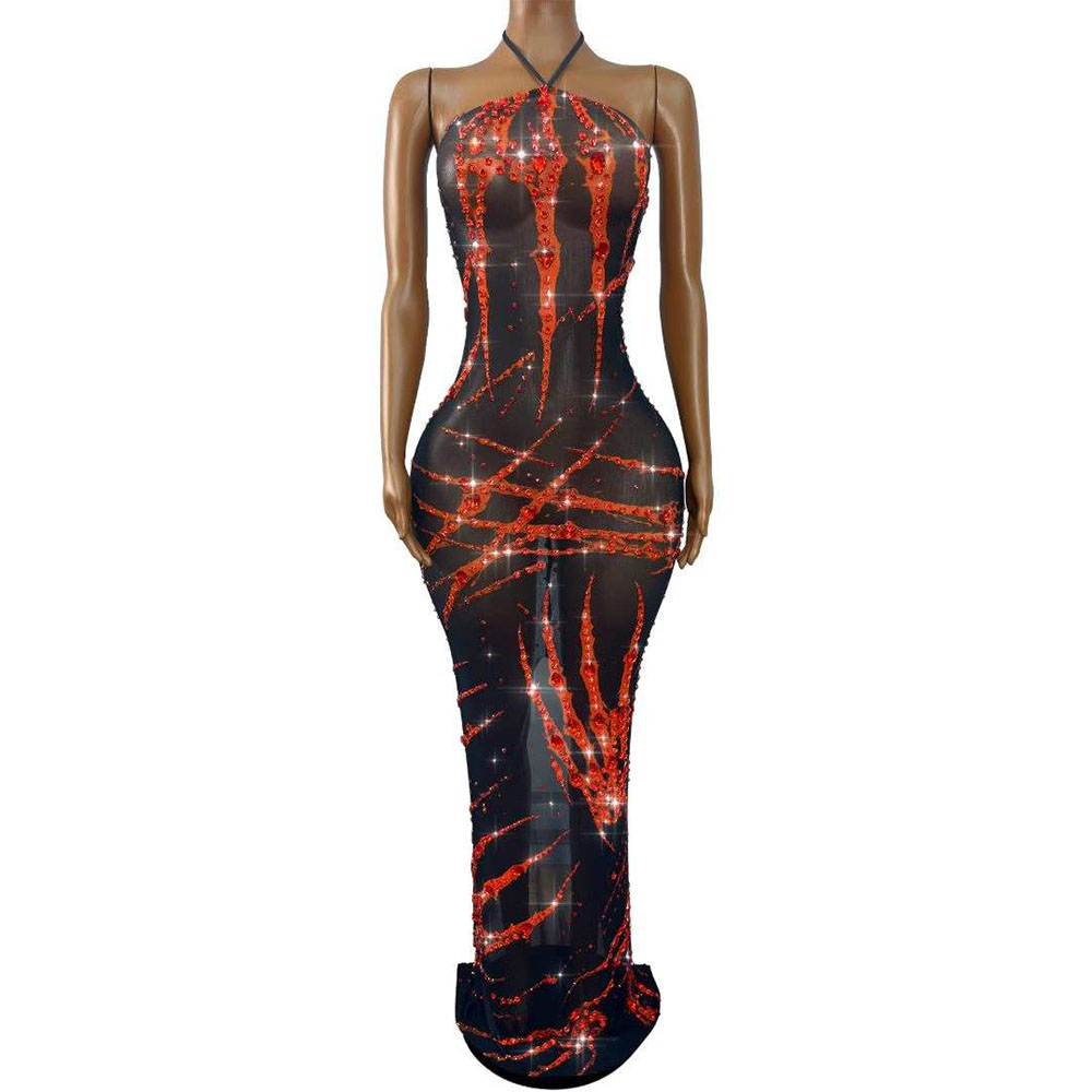 Women Fashion Photoshoot - Gaun bandage jaring berkilauan dengan hiasan