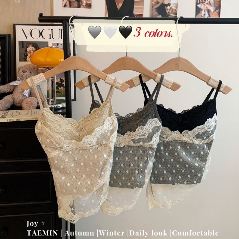 Lace Trim Cami - Bodysuit Wanita Model Vintage Polka Dot
