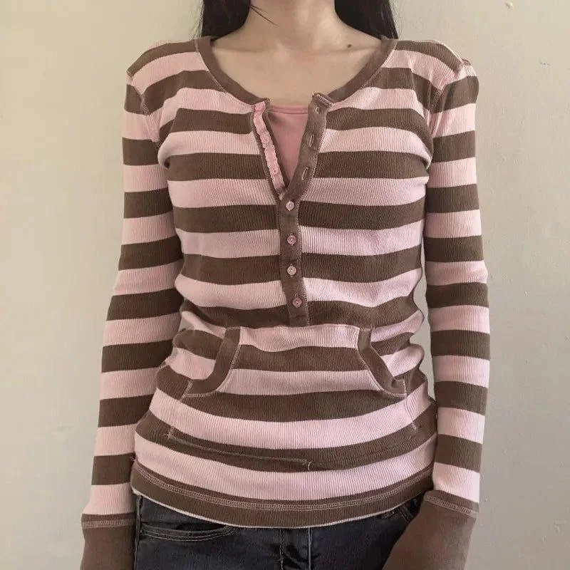 Kaos Musim Dingin Bergaris Pal - Women'S Fashion Korea ulasan dan harga