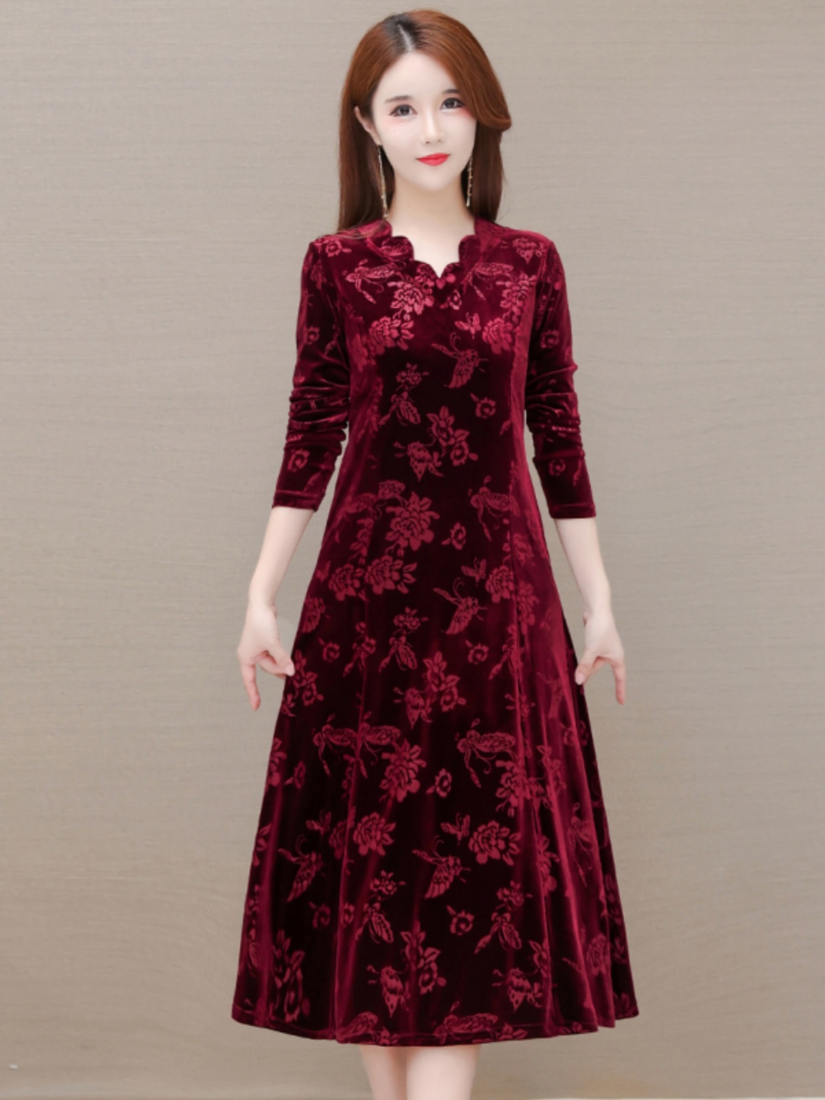 Gaun Beludru Elegan V-Neck Rok - Women Fashion Over The Years ulasan dan harga